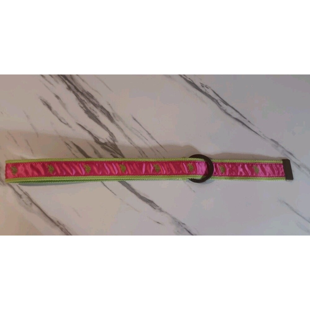 US Polo Assn. Girls D-Ring Belt Pink Grosgrain Fabric Neon Green Polo Pony 28"